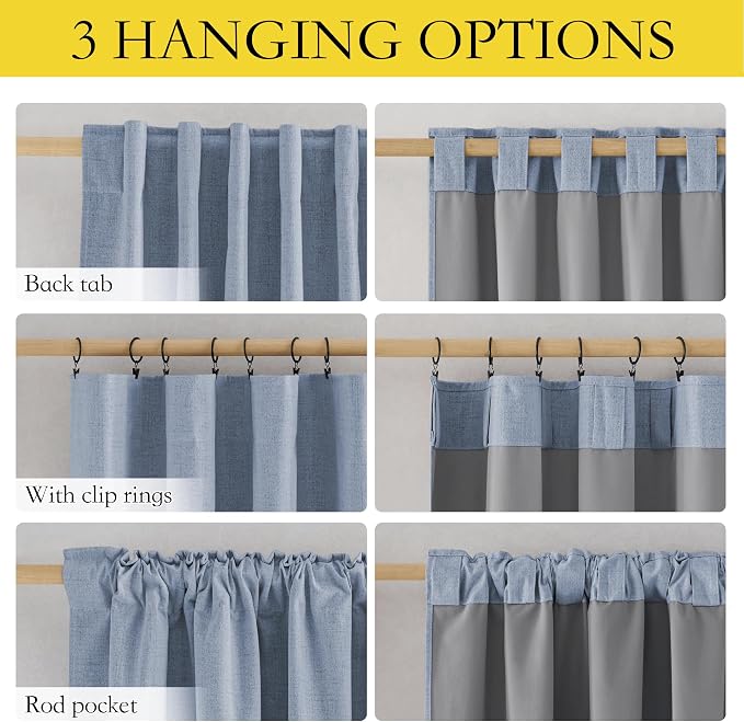 NICETOWN Full Blackout Linen Curtains 102" Length with Thermal Insulated Liners for Living Room, Farmhouse Style Keep Cool & Warm Large Window Drapes for Hall (Stone Blue, 2 Panels, 52" Wide)