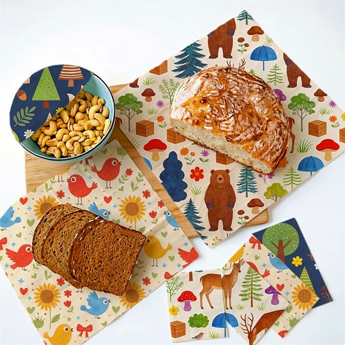 LENARKU Reusable Beeswax Wrap, 9 Pack Eco-Friendly Food Storage, Organic Cotton, Sustainable, Zero Waste, Plastic-Free, Sandwich & Snack Covers, 1XL, 3M, 5S, Forest Animals & Nature Pattern