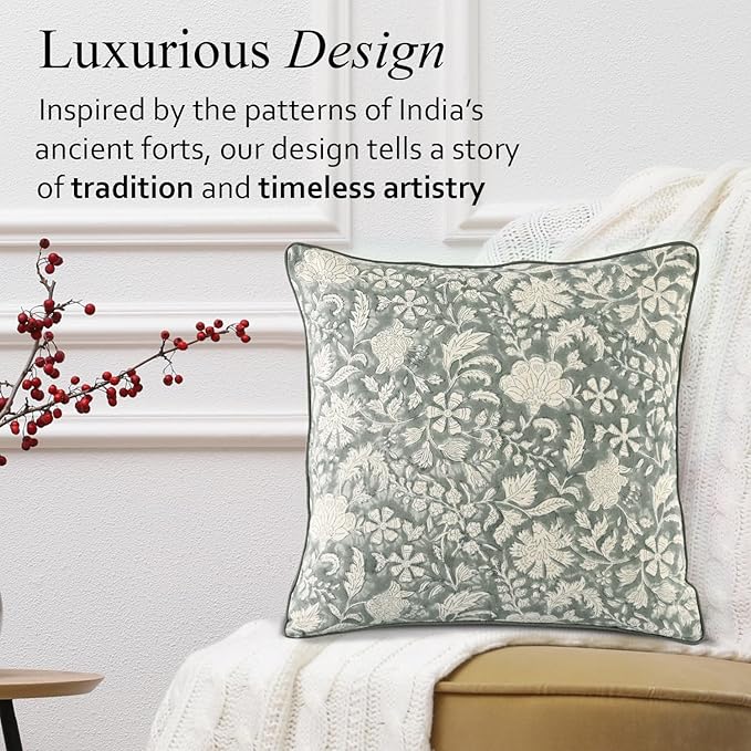 CPC Throw Piping Pillow Covers for Couch, 20x20 Inch Pillows for Living Room, 100% Cotton Boho Cute Outdoor Pillows, Flower Cushion Covers Gift for Spring, Easter - Green Ivy Botanical
