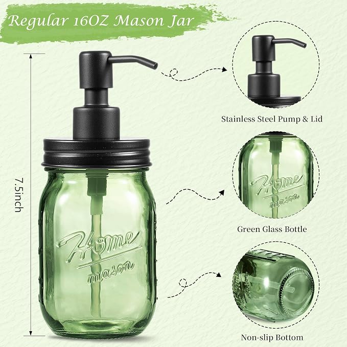 Amolliar 16OZ Green Glass Mason Jar Liquid Soap Dispenser Bundle With Amber Glass Qtip Holder, Apothecary Jars with Matte Black Metal Lid & Stickers-Bathroom Qtip Dispenser Storage Organizer Set