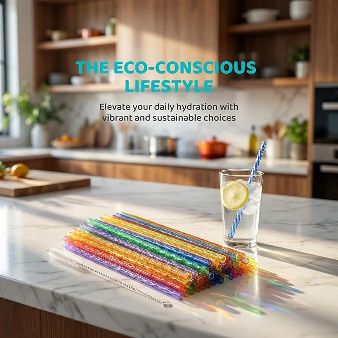 Reusable Drinking Straws 100 Pack, Assorted Color Plastic Straws, 9 Inch, Easy Clean with Brush, Durable & Dishwasher Safe for Cold Drinks & Kids