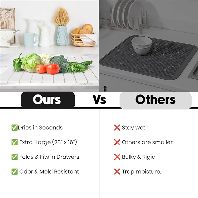 Stone Dish Drying Mat for Kitchen Counter 28" x 16" Quick Dry Diatomaceous Earth Drying Mat Foldable Super Absorbent Non Slip Drying Pad for Dishes Plates Cups Bottles Kitchen Countertop White Marble