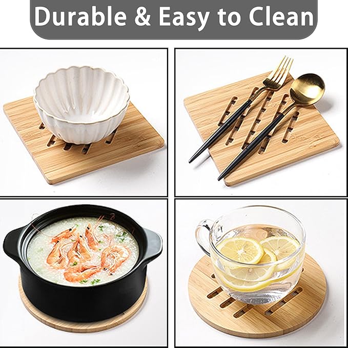 Bamboo Trivet,Hot Pads Trivet Natural Mat Set for Hot Dishes/Bowl/Teapot/Hot Pot Holders 4 Square 4 Roundness 2 Storage rackden