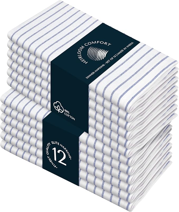 Indigo Blue Stripe Napkins Set of 12, 18x18 Inch, 100% Cotton, Classic Striped Table Linen Napkin for Formal Events, Holiday Dinners, Reusable and Washable Fabric for Everyday Dining