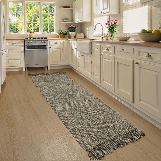 Collive Long Carpet Runners for Hallway 2.6x8ft, Washable Cotton Woven Kitchen Runner Rugs Low-Profile Entryway Rug, Natural/Green Modern Front Door Floor Carpet for Laundry Room Bedroom Doorway