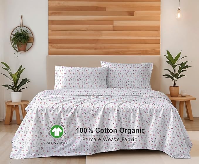 RUVANTI 100% Cotton Organic Percale Sheets Split King Size – Crisp Cooling Bed Sheets for Hot Sleepers, Deep Pocket 15”, Soft Peach Finish, Breathable & Durable Hotel-Style 5 Pcs, Obsessed Stems