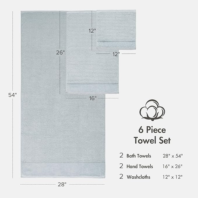 Madison Park Spa Waffle 100% Cotton Luxurious Towel Set, Premium Texture Waffle Weave, Highly Absorbent, Quick Dry, Hotel & Spa Quality Wash Clothes for Bathroom, Assorted Sizes, Blue 6 Piece