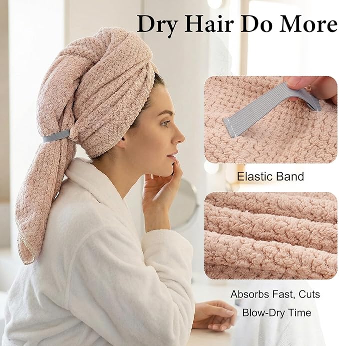 Microfiber Hair Towel Wrap for Women Extra Large Hair Turban Anti-Frizz Hair Drying Towel with Elastic Band for Curly Long Thick for Hair Bath Gym Travel Spa