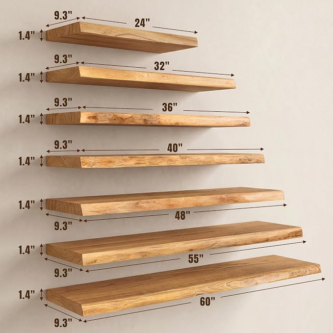 24" Live Edge Floating Shelves, Solid Elm Wood Wall Shelf Set of 2 | 1.4" Extra Thick, 9.3" Deep Heavy Duty Storage, Artisan Natural Finish, Ideal for Kitchen, Coffee Bar & Living Room