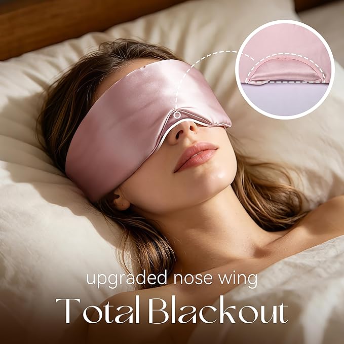 Silk Sleep Mask 22 Momme100% Mulberry Silk & 3.5cm Silk Hairband Set, Upgraded Light Blocking NosePad, Soft Wide Adjustable Strap, Comfortable Eye Mask for Men Women Home Travel (Pink)