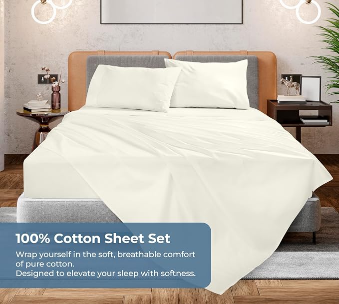 ROYALE LINENS 100% Organic Cotton Queen Sheet Set - Percale Weave - 4 Pieces Set - 1 Flat, 1 Deep Pocket Fitted Sheet and 2 Pillowcases - Ivory Bed Sheets - Sábanas Queen - Crisp Cool (Ivory)