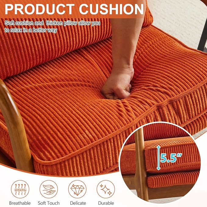 Karl home Mid-Century Modern Accent Reading Chair, Orange | Corduroy Upholstered, Solid Wood Frame, Soft Cushion, Lumbar Pillow, Lounge Armchair for Living Room, Bedroom, Balcony, Study