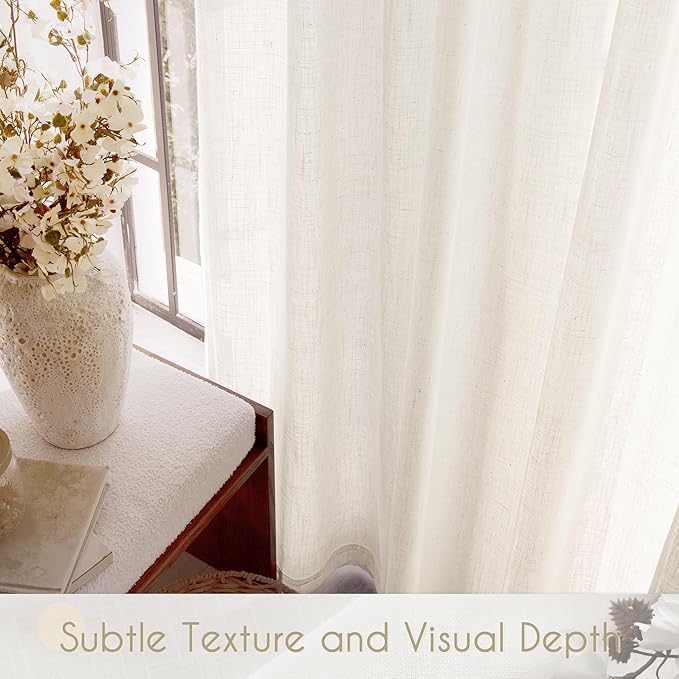 Cream Linen Curtains 63 inch Length 2 Panel Set for Living Room Back Tab Rod Pocket Semi Sheer Light Filtering Bedroom Window Curtain 63 inch Long Modern Farmhouse Neutral Ivory Linen Drapes 42x63