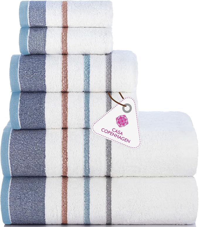 CASA COPENHAGEN White Bay 6Pcs 100% Egyptian Cotton Large Designer Towels Gift Set- Silver Grey - Denim, 600GSM, 2Bath 2Hand 2Washcloths, Bath Towels for Bathroom (Gift Set for Women & Men)