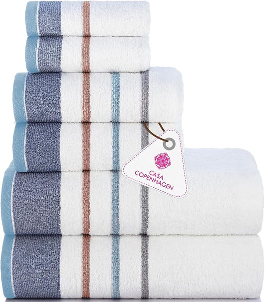CASA COPENHAGEN White Bay 6Pcs 100% Egyptian Cotton Large Designer Towels Gift Set- Silver Grey - Denim, 600GSM, 2Bath 2Hand 2Washcloths, Bath Towels for Bathroom (Gift Set for Women & Men)