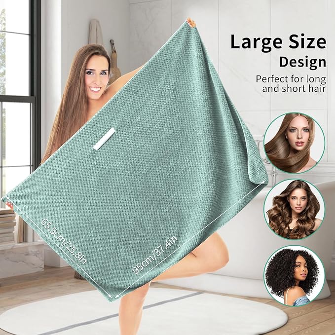 my novel things 2 Pack Extra Large Microfiber Hair Towel Wrap, 37.4" x 26.4" for Women, Super Absorbent & Quick Dry Hair Towel with Elastic Strap for Curly Hair Green Gift for Women Men Girls Friends