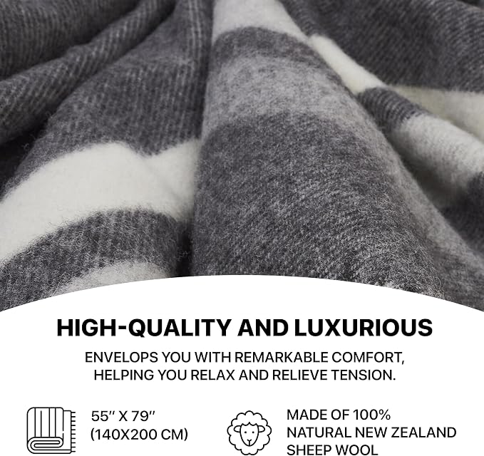 | Wool Blanket/Throw | 100% New Zealand Wool | Perfect for Home and Outdoors | Virgin Wool Blanket with Fringes 55"x79" (140 x 200 cm) (Moon Grey)