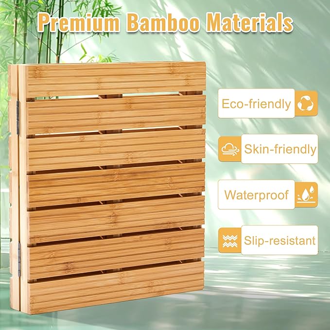 Foldable Bamboo Bath Mat for Shower, 31.49" x 17.71" in Non-Slip Wood Bathroom Rug, Quick-Dry Waterproof Carpet for Indoor Outdoor Use by Sink, Tub, Pool