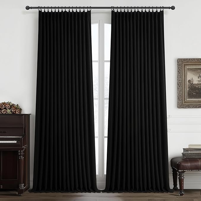 Floor to Ceiling Black Linen Curtains 102 Inches Long for Dining Room 2 Panels Set, Full Blackout Pinch Pleated Thermal Heat Reducing Drapes with Hooks for 100-102 Inch Large Window Double Layer Burg