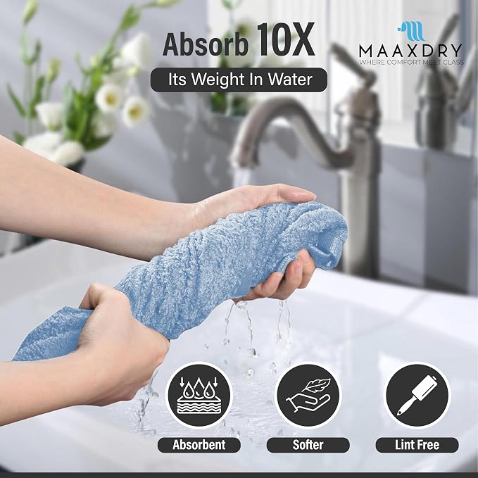 100% Cotton Hair Towel Wrap for Women, Men & Kids – Non-Microfiber 450 GSM Thick Super Absorbent Hair Towel 26x40 Inches, Secure Elastic Hair Wrap for Long & Curly Hair (Blue)
