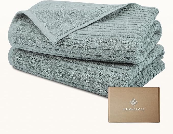 BIOWEAVES 100% Organic Cotton 700 GSM Luxury Ribbed Bath Towel Set for Bathroom 30" x 58" GOTS Certified - ICY Fjord, Pack of 2