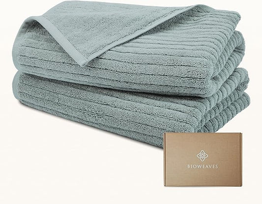 BIOWEAVES 100% Organic Cotton 700 GSM Luxury Ribbed Bath Towel Set for Bathroom 30" x 58" GOTS Certified - ICY Fjord, Pack of 2