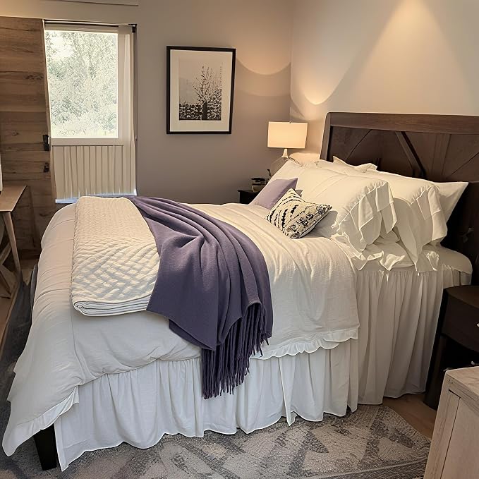 Simple&Opulence 100% Linen Duvet Cover Set, Natural French Flax White Ruffle Duvet Cover Twin Size, Breathable Comfy Linen Bedding Comforter Cover with 1 Pillowcase (White, 68" x 86")