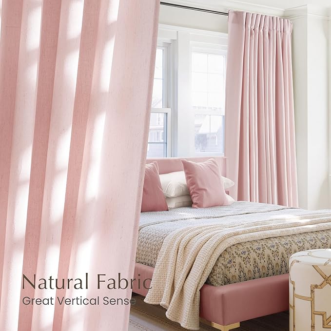 NICETOWN Linen Light Pink Curtains for Girls Room, Rod Pocket & Back Tab Privacy Semi Sheer with Light Filtering Thick Flax Window Drapes for Bedroom/Living Room, W55 x L108, 2 Panels