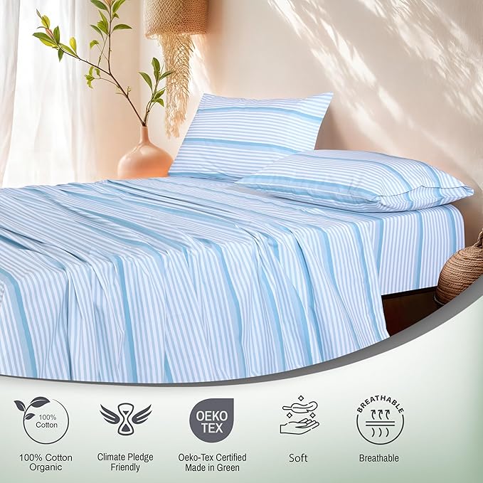 RUVANTI 100% Cotton Organic Percale Sheets King Size – Crisp Cooling Bed Sheets for Hot Sleepers, Deep Pocket 15”, Soft Peach Finish, Breathable & Durable Hotel-Style 4 Pcs, Nautical Stripes