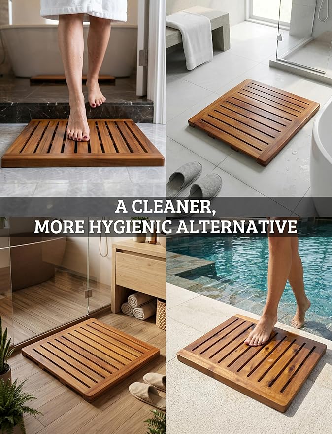 Acacia Wood Shower Mat 21x21 Inches by Demigo, Luxury Bath Mat Non Slip for Bathroom Bathtub Shower Spa Garden Home, Wooden Floor Mat Square Large for Outdoor and Indoor