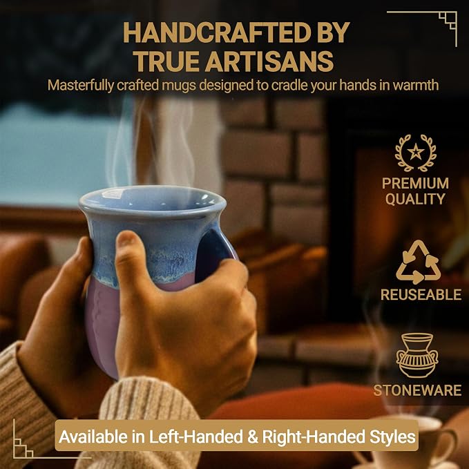 Clay in Motion Hand Warmer Coffee Mug – Handmade Coffee Mug With Comfortable Handle Contoured Pocket Hand Warming Ceramic Coffee Mug – Proudly Made in USA – Right Handed – 14 Oz - Purple Passion