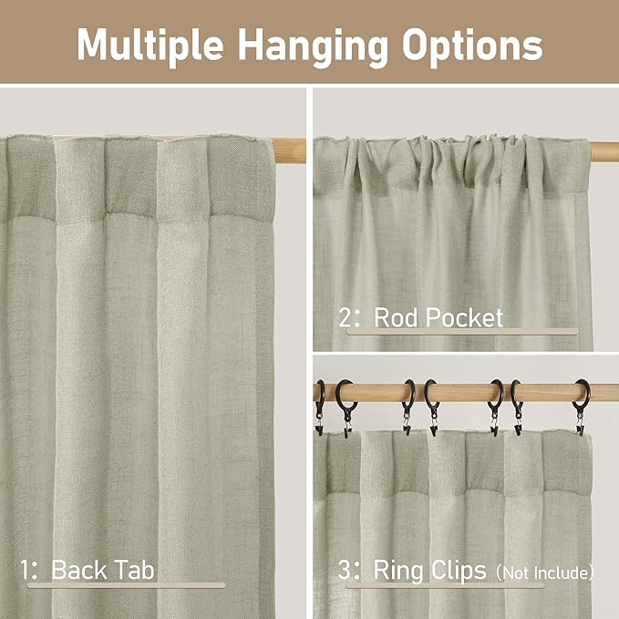 LAMIT Semi Sheer Linen Curtains 36 Inch Length 2 Panels, Light Filtering Panels Back Tab and Rod Pocket Neutral Drapes for Bathroom/Kitchen/Loft Room, Sage Grey, 34 x 36 Inch