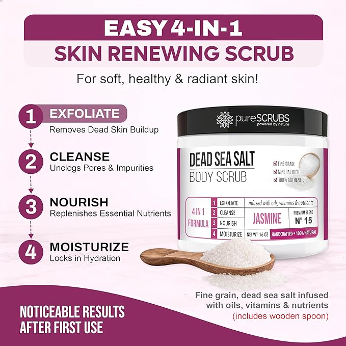 pureSCRUBS Premium Jasmine Body Scrub Set - Large 16oz Dead Sea Salt Body Scrub With Infused Essential Oils & Nutrients Includes Wooden Spoon, Loofah & Oatmeal Exfoliating Bar Soap
