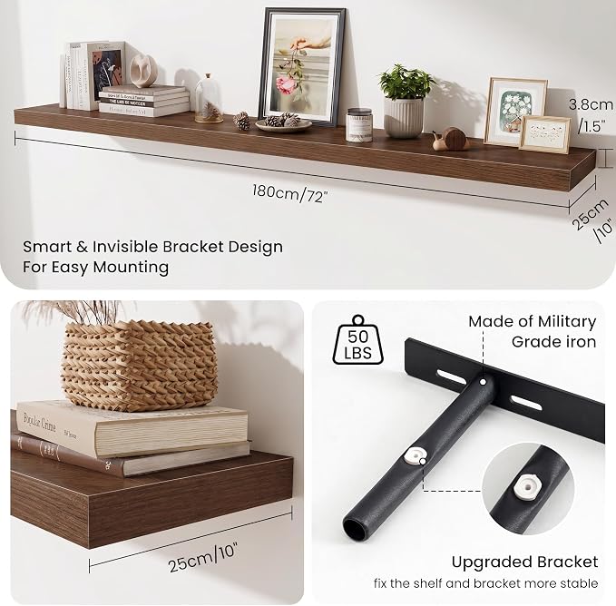 Fun Memories 72 Inch Fireplace Mantel Shelf, 10 Inch Deep Shelves for Display & Wall Storage, Rustic Wood Wall Shelf, Extra Long Floating Shelves for Living Room Laundry Room, Walnut, Set of 2