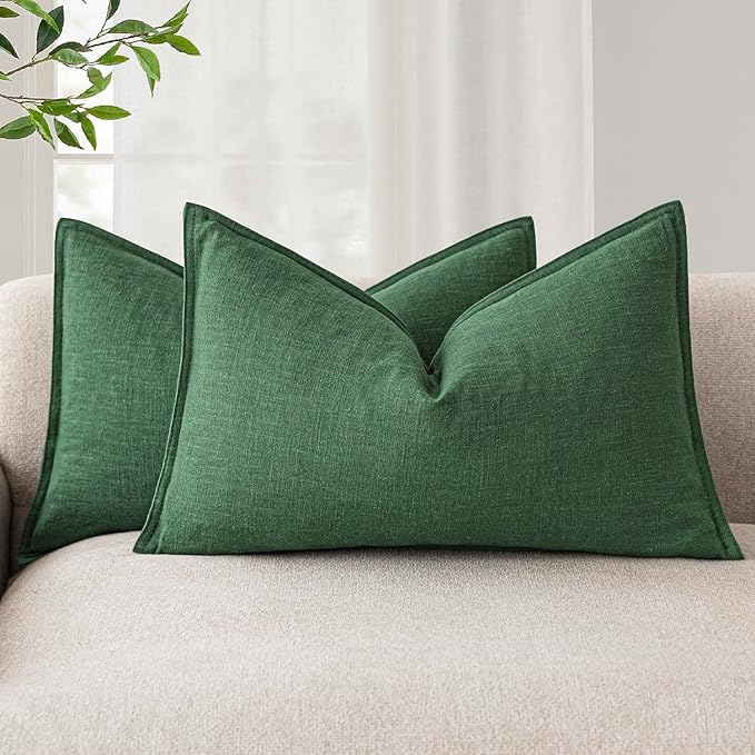 Foindtower Pack of 2, Decorative Linen Soild Throw Pillow Covers Soft Accent Lumbar Cushion Case Boho Farmhouse Pillowcase for Chair Couch Sofa Bedroom Living Room Home Decor 12 x 20 Inch Pine Green