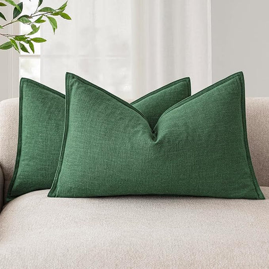 Foindtower Pack of 2, Decorative Linen Soild Throw Pillow Covers Soft Accent Lumbar Cushion Case Boho Farmhouse Pillowcase for Chair Couch Sofa Bedroom Living Room Home Decor 12 x 20 Inch Pine Green