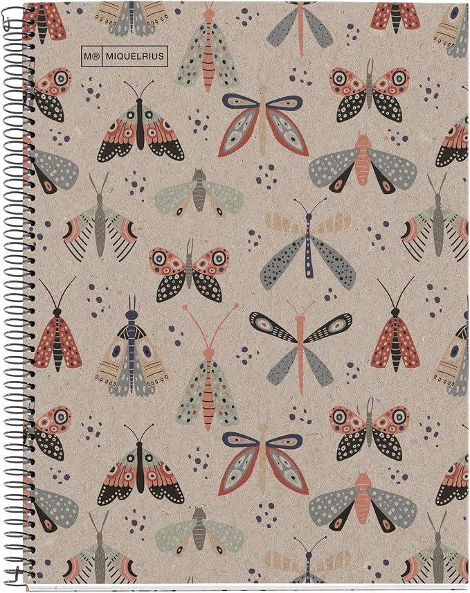 Miquelrius - 100% Recycled Notebook Notebook, 1 Colour Stripe, A4, 80 Sheets of 5 mm, 80 g Paper, 4 Drills, Recycled Cardboard Cover, Eco Butterfly Design