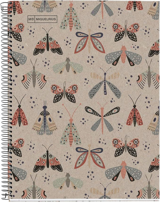 Miquelrius - 100% Recycled Notebook Notebook, 1 Colour Stripe, A4, 80 Sheets of 5 mm, 80 g Paper, 4 Drills, Recycled Cardboard Cover, Eco Butterfly Design