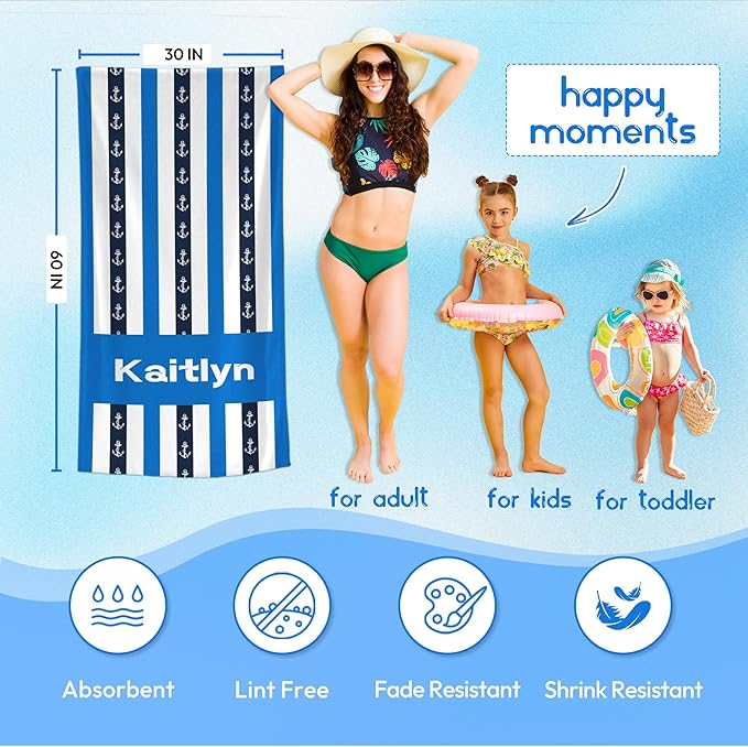 JML Custom Beach Towel with Name, Personalized Microfiber Beach Towel with Name, Large, Soft, Quick Dry & Absorbent for Swim, Pool,Adult,Summer Holiday,Vacation,Travel,Gift for Anniversary, Birthday