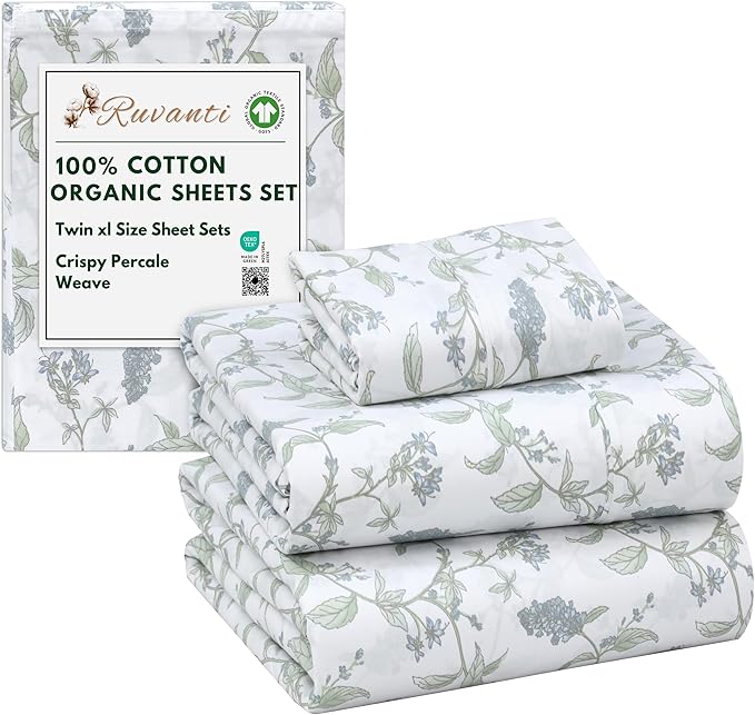 RUVANTI 100% Cotton Organic Percale Sheets Twin XL Size – Crisp Cooling Bed Sheets for Hot Sleepers, Deep Pocket 15”, Soft Peach Finish, Breathable & Durable Hotel-Style 3 Pcs, Vine Yard