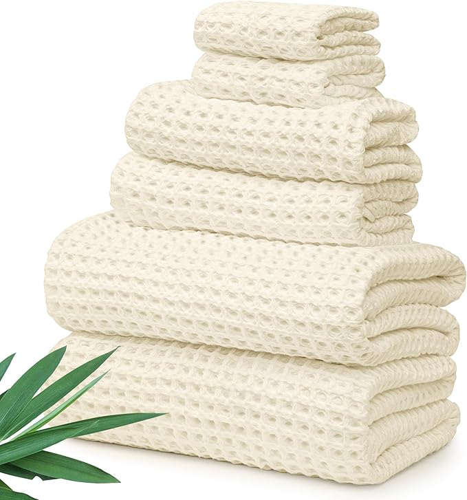 Alusa Home Ultra Soft Viscose from Bamboo Waffle Towels - Lightweight Bath Towel Set of 6 - Compact, Quick Dry & Lint Free (Papyrus)