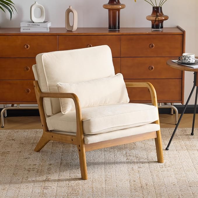 Karl home Mid-Century Modern Accent Reading Chair, Creamy | Chenille Upholstered, Solid Wood Frame, Soft Cushion, Lumbar Pillow, Lounge Armchair for Living Room, Bedroom, Balcony, Study
