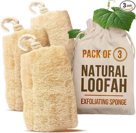 SERRENTO Loofah Body Scrubber - Natural Egyptian Loofah Sponge for Exfoliating Shower Bath, Organic Luffa Loofa Scrubbing Sponge for Men Women, Plastic Free Bathing Pads, Pack of 3 Tan