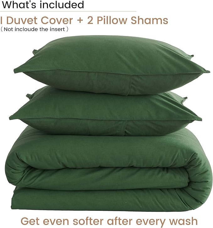 BISELINA French Linen Duvet Cover Set 3pcs with Hidden Zipper Closure Natural Flax Cotton Blend Solid Color Soft Breathable Luxury Farmhouse Bedding - King Size, Forest Green