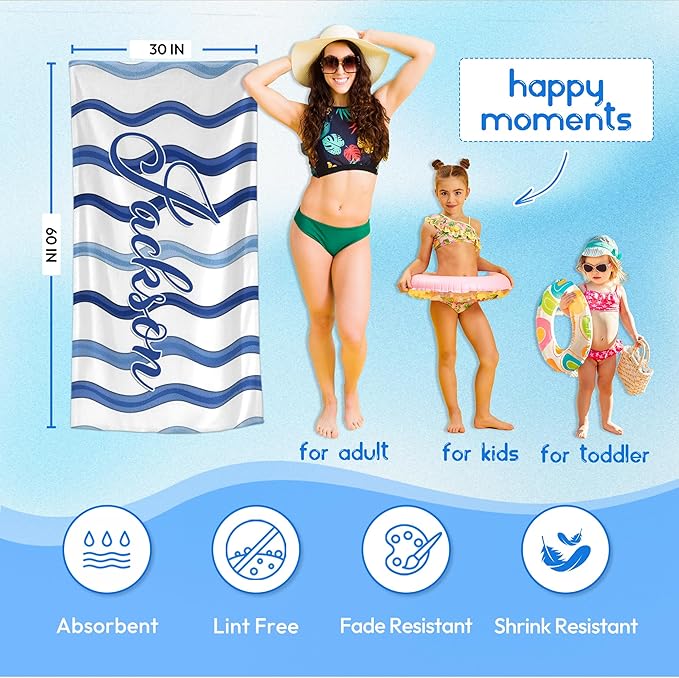 JML Custom Beach Towel with Name, Personalized Microfiber Beach Towel with Name, Large, Soft, Quick Dry & Absorbent for Swim, Pool,Adult,Summer Holiday,Vacation,Travel,Gift for Anniversary, Birthday
