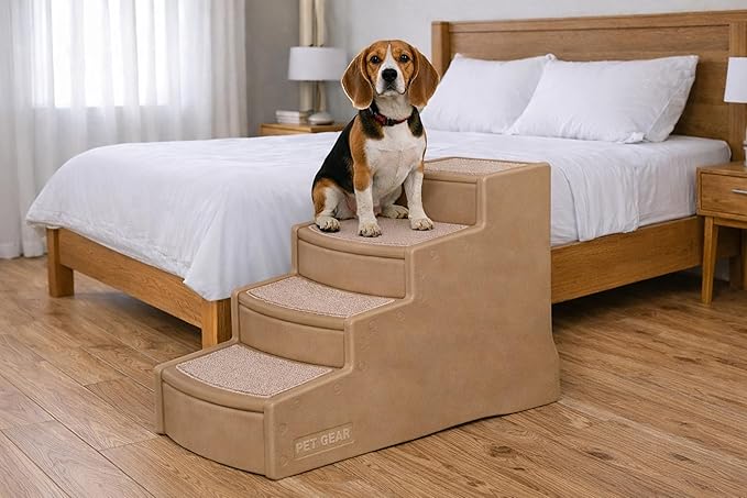 Pet Gear Pet Step IV Pet Stairs, Sand Dune | 4 Step, For Cats/Dogs, Removable Washable Carpet Treads, Supports 150 Pounds, No Tools Required