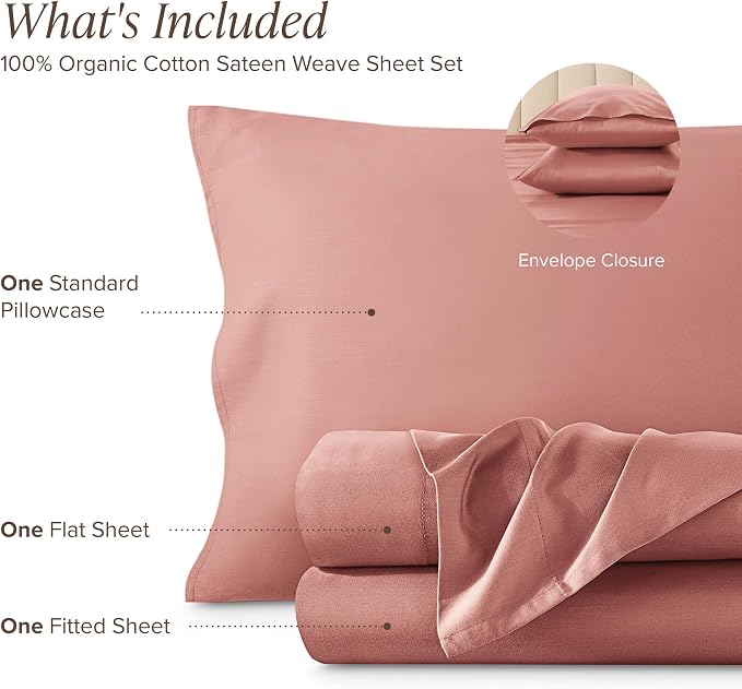 Bare Home 100% Organic Cotton Twin Sheet Set - 400 Thread Count - Smooth Sateen Weave - Breathable & Cooling - Hotel Luxury Set - Deep Pocket Bed Sheets (Twin, Dusty Rose)