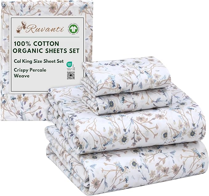 RUVANTI 100% Cotton Organic Percale Sheets Cal King Size – Crisp Cooling Bed Sheets for Hot Sleepers, Deep Pocket 13”, Soft Peach Finish, Breathable & Durable Hotel-Style 4 Pcs, Tranquil
