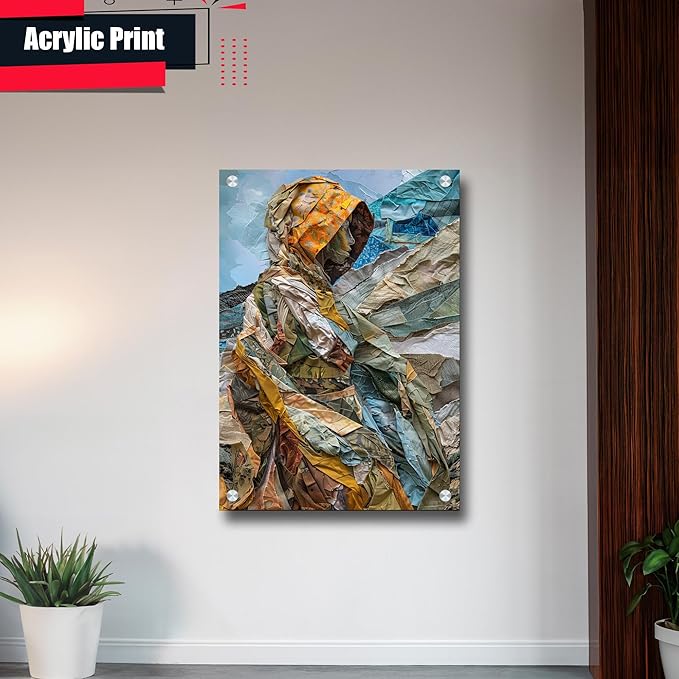Print artistic nicely depicts a wild mountains, many pieces of fabric and torn paper of different textures and colors, Minimalist Wall Art, Wall