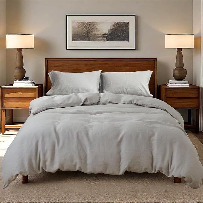 100% Linen Duvet Cover Set, 3 PCS Natural French Flax Light Grey Duvet Cover Queen Size, Breathable Soft Comfy Linen Bedding Comforter Cover with 2 Pillowcases(Light Grey, 88" x 92")